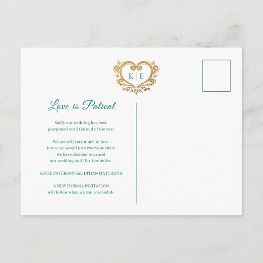 Carte Postale Faire-part Coeur monogramme mariage annulation or vert (Dos)