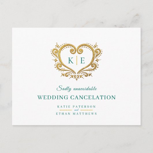 Carte Postale Faire-part Coeur monogramme mariage annulation or vert (Devant)