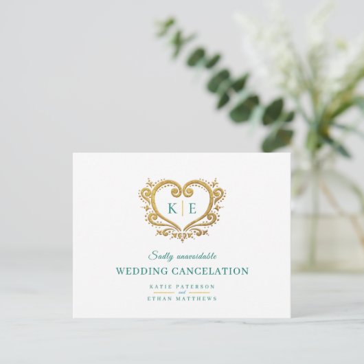 Carte Postale Faire-part Coeur monogramme mariage annulation or vert (Debout devant)