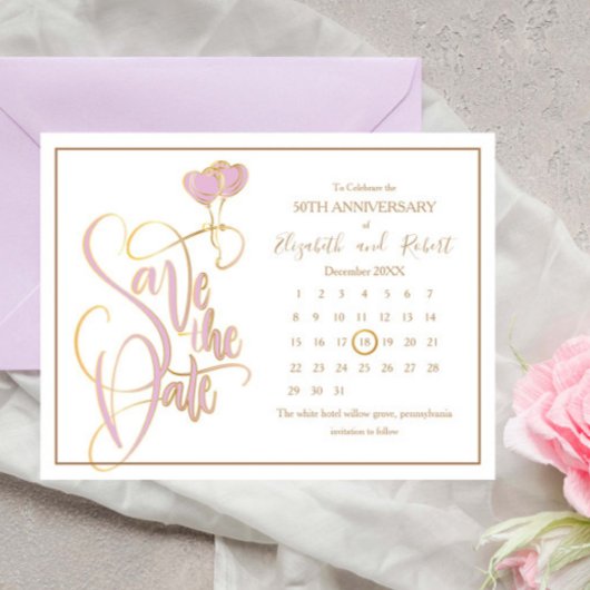 Carte Postale Faire-part Coeur rose 50e anniversaire Enregistrer la date