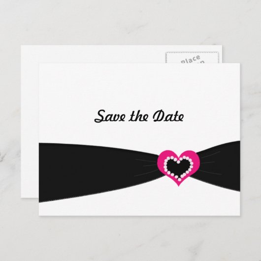 Carte Postale Faire-part Coeur rose avec ruban noir Enregistrer la date (Devant / Derrière)