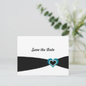 Carte Postale Faire-part Coeur turquoise avec ruban noir Enregistrer la dat (Debout devant)