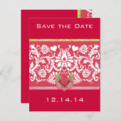 Carte Postale Faire-part Coeurs ailés de chaux Damas blanches sur framboise (Devant / Derrière)