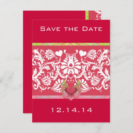 Carte Postale Faire-part Coeurs ailés de chaux Damas blanches sur framboise (Devant / Derrière)