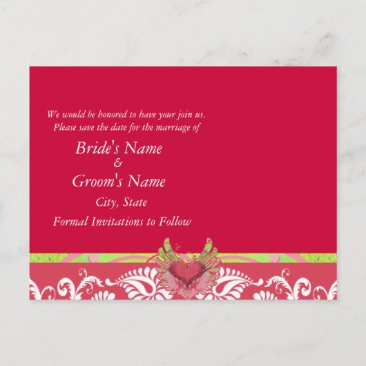 Carte Postale Faire-part Coeurs ailés de chaux Damas blanches sur framboise (Dos)