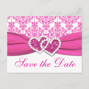 Carte Postale Faire-part Coeurs Damas rose et blanc Enregistrer la date Car