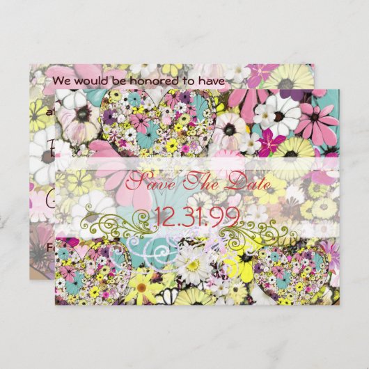 Carte Postale Faire-part Cœurs et Fleurs Sauvages Sauvegarder La Date (Devant / Derrière)