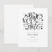Carte Postale Faire-part Cœurs noir et blanc Script Enregistrer la date (Devant / Derrière)