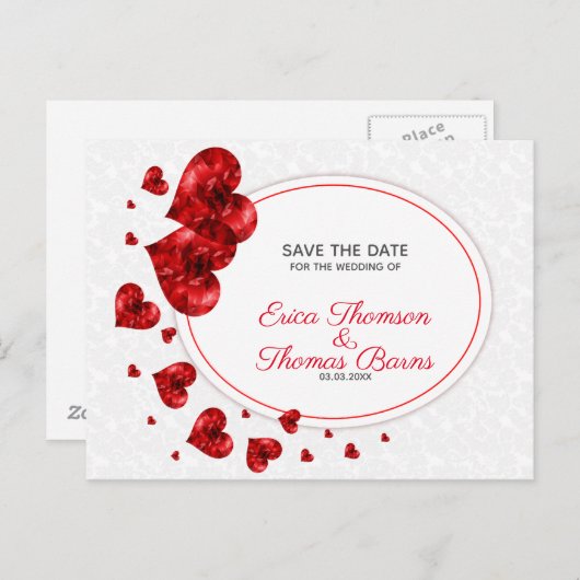 Carte Postale Faire-part Coeurs rouges sur Damas blanches (Devant / Derrière)