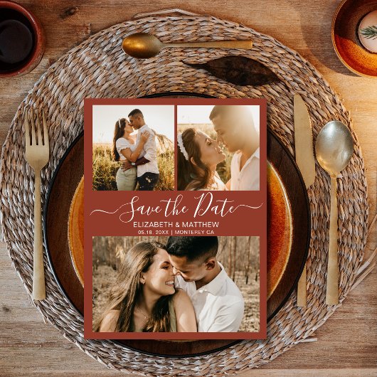 Carte Postale Faire-part Collage de photos Chic Script Terracotta Save The