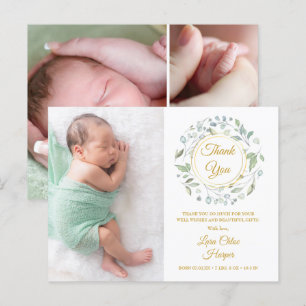 Carte Postale Faire-part Collage de photos de bébé floral oré Merci pour la