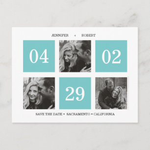 Carte Postale Faire-part Collage de photos de grille Turquoise ENREGIST