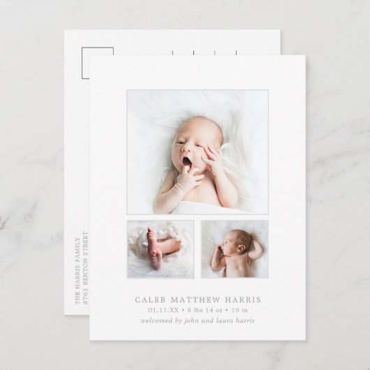 Carte Postale Faire-part Collage Photo Classique Gris Naissance Garçon (Devant / Derrière)