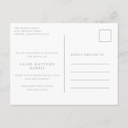 Carte Postale Faire-part Collage Photo Classique Gris Naissance Garçon (Dos)