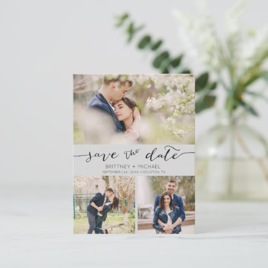 Carte Postale Faire-part Collage photo manuscrit Enregistrer la date Gris (Debout devant)