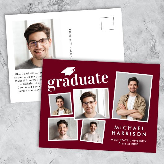 Carte Postale Faire-part Collage photo moderne Bourgogne Red Graduation