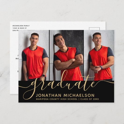 Carte Postale Faire-part Collage Photo Moderne Noir Or Graduation (Devant / Derrière)