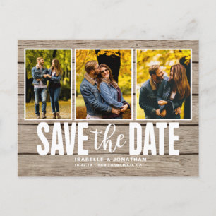 Carte Postale Faire-part Collage photo rustique en bois clair Sauvez la dat