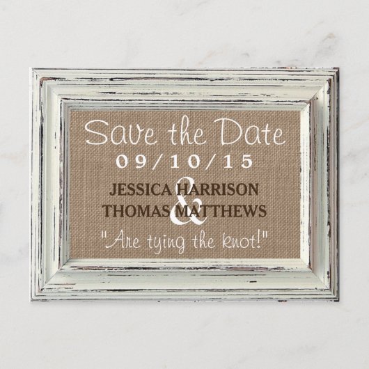 Carte Postale Faire-part Collection de Mariages Rustic White Frame & Burlap (Devant)