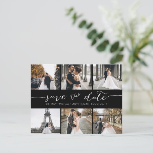 Carte Postale Faire-part Collection photo moderne Enregistrer la date Noir (Debout devant)