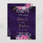 Carte Postale Faire-part Collection Romantique or et mariage fleuri violet (Devant / Derrière)