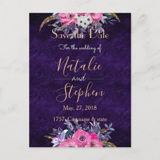 Carte Postale Faire-part Collection Romantique or et mariage fleuri violet (Devant)
