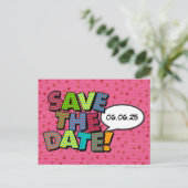 Carte Postale Faire-part Comic Book Enregistrer La Date Cœurs Roses  (Debout devant)