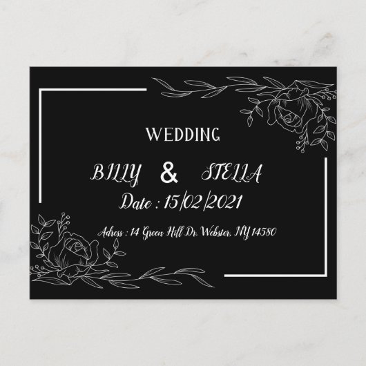 Carte Postale Faire-part Conception florale noir et blanc pour mariage (Devant)