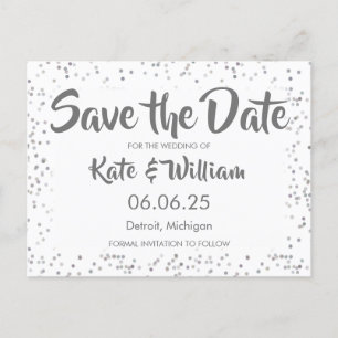 Carte Postale Faire-part Confetti Argent Stardust Enregistrer la date