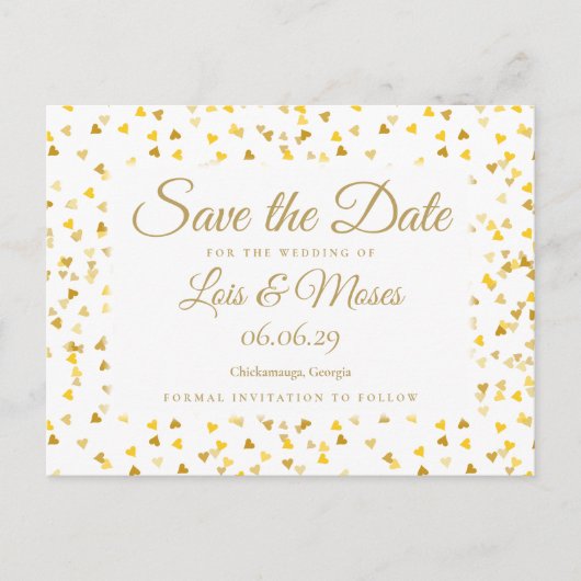Carte Postale Faire-part Confettis de coeurs dorés Save the Date (Devant)