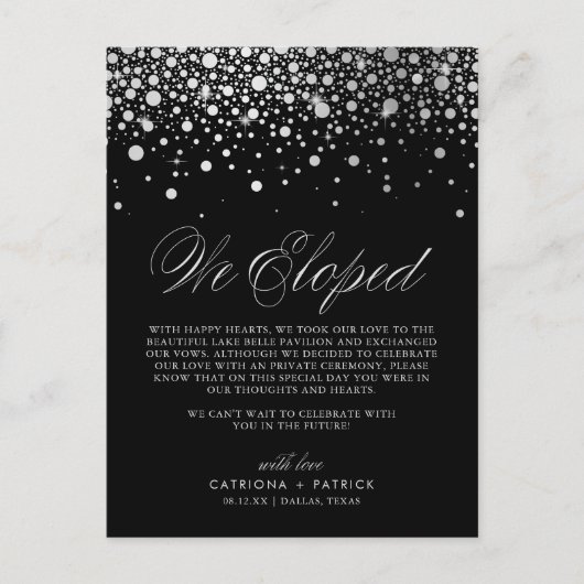 Carte Postale Faire-part Confettis en feuille d'argent faux mariage noir fu (Devant)