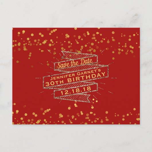 Carte Postale Faire-part Confettis Rouge Or Anniversaire Save the Date (Devant)