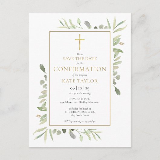 Carte Postale Faire-part Confirmation Fleurie de Verdure Enregistrer la Dat (Devant)