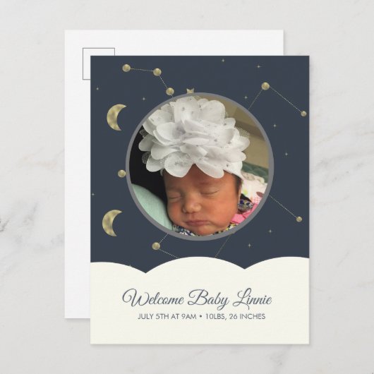 Carte Postale Faire-part Constellation de Nuages Faux Or Bleu Bébé (Devant / Derrière)