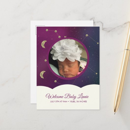 Carte Postale Faire-part Constellation de Nuages Galaxie Lune Étoiles Ciel (Devant/Arrière en situation)