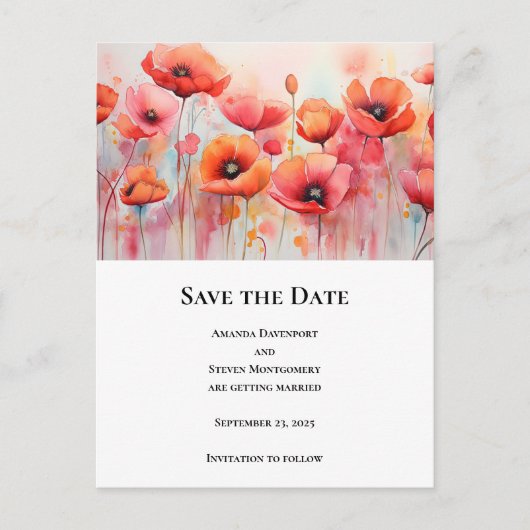 Carte Postale Faire-part Coquelicots dans un champ Aquarelle Mariage (Devant)