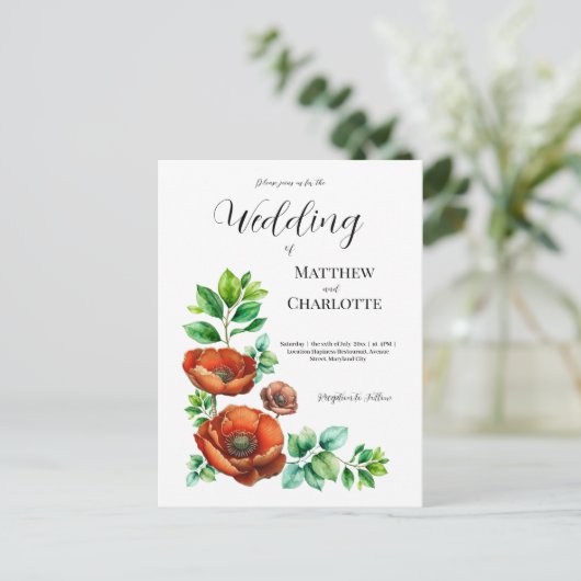 Carte Postale Faire-part Coquelicots rouges aquarelles sublimes dans un sty (Debout devant)