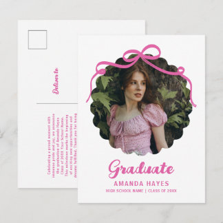 Carte Postale Faire-part Coquette Bow Wavy Pink & White Graduation Photo