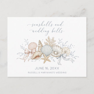 Carte Postale Faire-part Coquillages & Cloches de Mariage Plage Save the Da
