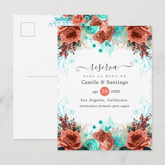 Carte Postale Faire-part Corail espagnol et Mariage floral turquoise (Devant / Derrière)
