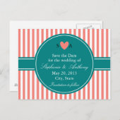 Carte Postale Faire-part Corail rose et blanc rayures, Turquoise Enregistre (Devant / Derrière)