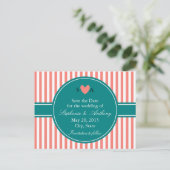 Carte Postale Faire-part Corail rose et blanc rayures, Turquoise Enregistre (Debout devant)