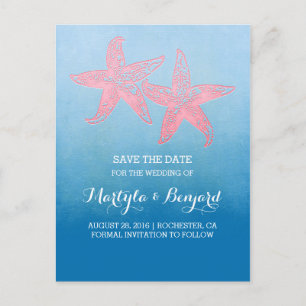 Carte Postale Faire-part Corail starfish couple bleu ombre enregistrer la d