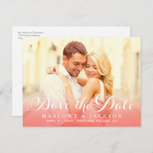 Carte Postale Faire-part Coral Script Overlay Photo Enregistrer la date