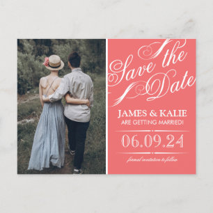 Carte Postale Faire-part Coral Vintage Script photo Enregistrer la date