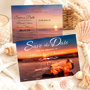 Carte Postale Faire-part Coucher de soleil sur la plage Pot en verre bleu N