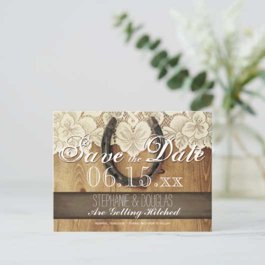 Carte Postale Faire-part Country Horseshoe Lace Wedding Enregistrer la date (Debout devant)