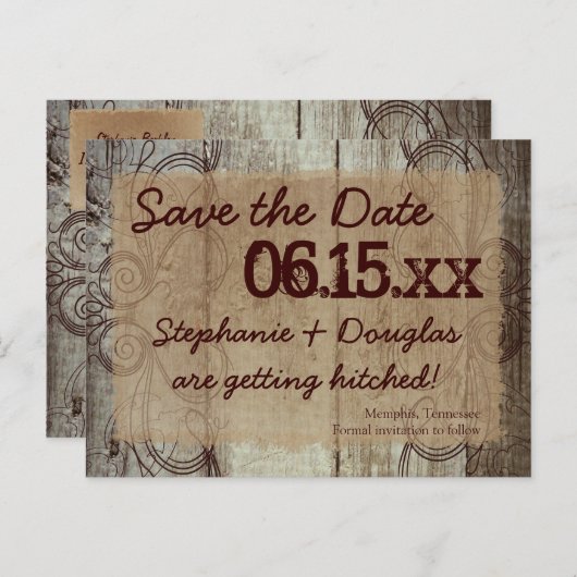 Carte Postale Faire-part Country Swirl Wood Rustic Enregistrer la date Cart (Devant / Derrière)