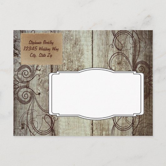 Carte Postale Faire-part Country Swirl Wood Rustic Enregistrer la date Cart (Dos)