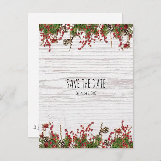 Carte Postale Faire-part Country Winter Holiday Berries & Pine Date d'enreg (Devant / Derrière)